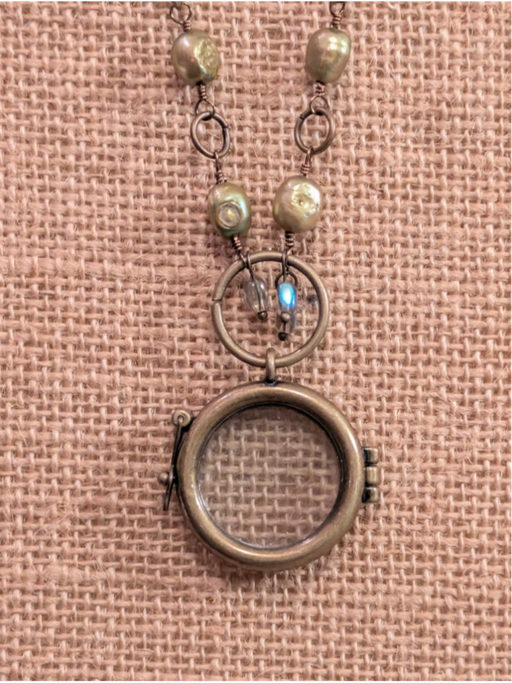 Handcrafted Boho Green Pearl Brass Chain Glass Framed Locket Station Necklace